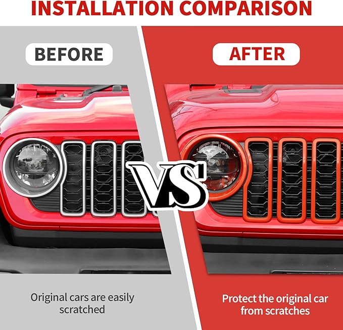 Jimen for 2024 Jeep Wrangler 4xe grill inserts, 9PCS Headlight Cover & Grille Insert Compatible with Jeep Wrangler JL JLU 2024+, NOT FIT JL Sport/Sport S (Orange)