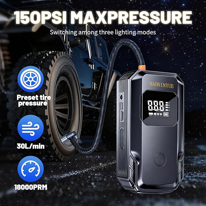 Jump Starter with Air Compressor, 3000A Peak Car Battery Jump Starter(9.0 Gas/6.5L Diesel), 150PSI 12V Jump Box Car Battery Jumper Starter Portable with Smart Jumper Cables, LED Lights, LCD Display