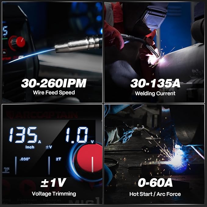 ARCCAPTAIN 135A MIG Welder, 2025 Newest [Large LED Display] 110V Welder Flux Core MIG, Lift TIG, Stick, 3 in 1 Welding Machine Gasless MIG Welder Machine 110V, IGBT Inverter Welder with Synergy, 2T/4T