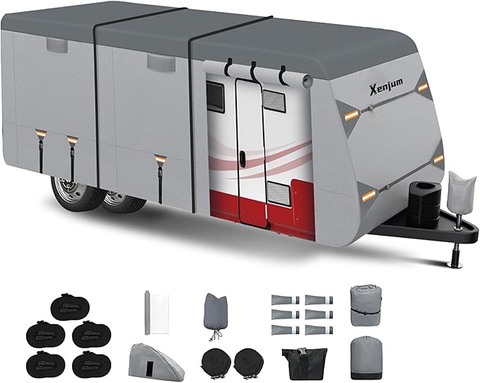 RV Cover for 24-27 ft Travel Trailers, 7 Layers Heavy Duty Camper Cover, Weatherproof & UV Resistant Motorhome Trailer Cover with Gutter & Tongue Jack Covers