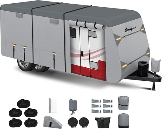 RV Cover for 16-18 ft Travel Trailers, 7 Layers Heavy Duty Camper Cover, Weatherproof & UV Resistant Motorhome Trailer Cover with Gutter & Tongue Jack Covers