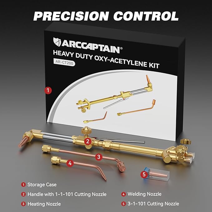 ARCCAPTAIN Oxy Acetylene Cutting Torch, Heavy Duty Cutting Torch Kit, CA2460 Cutting Attachment Weldig Torch with Check Valve, Cutting Tip 1-101 and 8-MFA Heating Nozzle