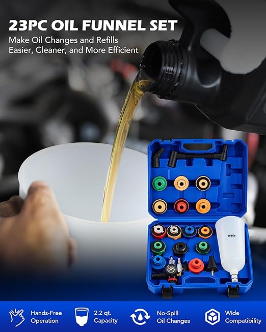 Orion Motor Tech 23pc Oil Funnel Set, 2.2 qt Funnel for Engine Oil Change with 15 Adapters Funnel Necks & Angled Extension Air Filter Regulator, Oil Filler Funnel Kit Compatible with Toyota Ford More