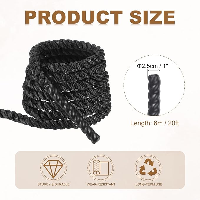 MECCANIXITY Battle Rope 20ft x 1 Inch Polyester Workout Rope Heavy Fitness Exercise Rope for Strength Training Home Gym Muscle Building, Black