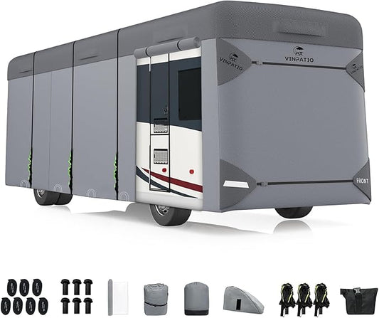 VINPATIO Class A RV Cover Extra Thick 7 Layers Top, Fits 34'-37' RV, Heavy Duty Windproof Waterproof Class A Motorhome Cover with 2 Extra Long Straps, Gutter Covers