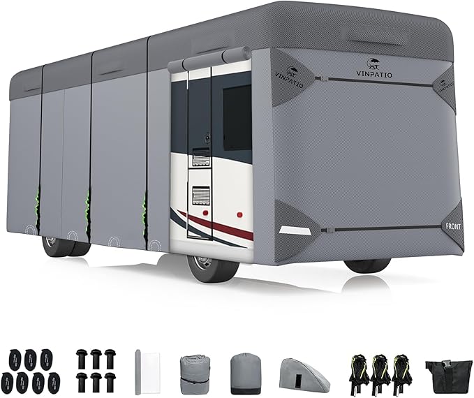 VINPATIO Class A RV Cover Extra Thick 7 Layers Top, Fits 31'-34' RV, Heavy Duty Windproof Waterproof Class A Motorhome Cover with 2 Extra Long Straps, Gutter Covers