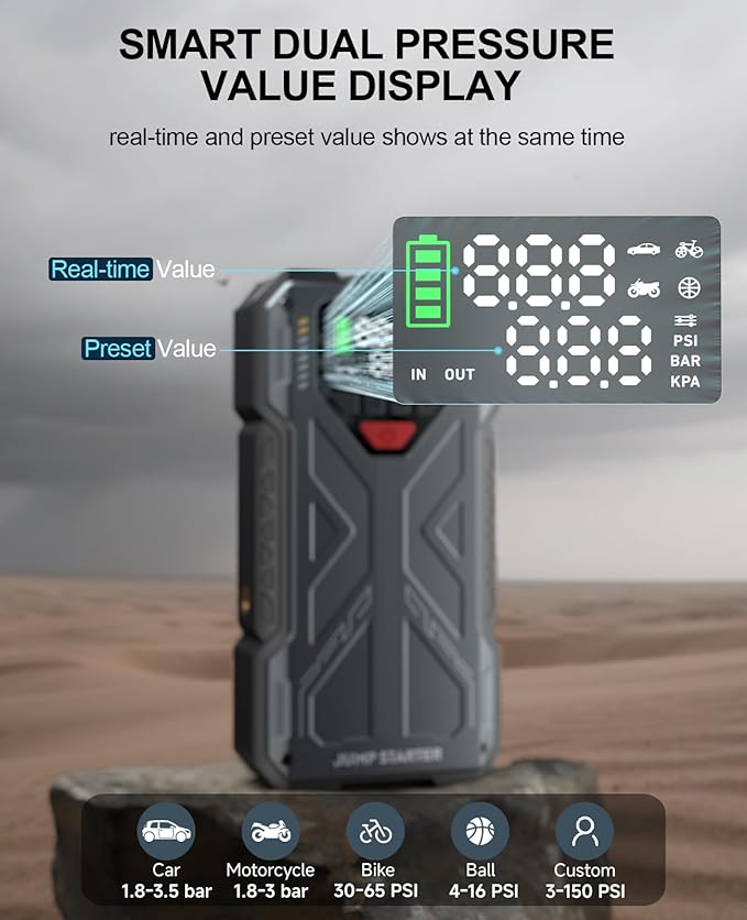 Jump Starter with Air Compressor, 4000A Car Jumper Starter Portable & 12V Car Battery Charger Jump Starter Power Pack with 150PSI Auto-Shutoff Tire Inflator, Jumper Box for 8.0L Gas/6.5L Diesel, QC3.0