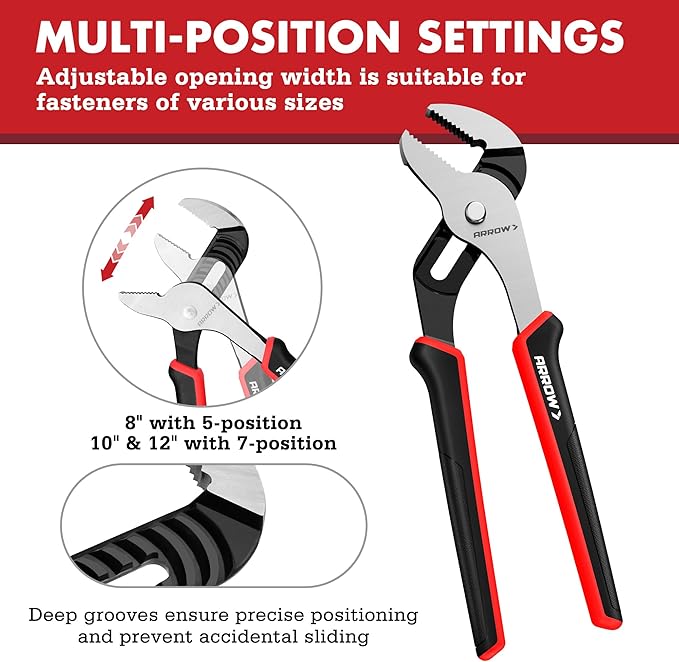 ARROW 3-Piece Groove Joint Pliers, 8", 10" & 12" Adjustable Water Pump Pliers with TPR Handle, High Carbon Steel Tongue and Groove Plier for Plumbing, Automotive and Household Repairs