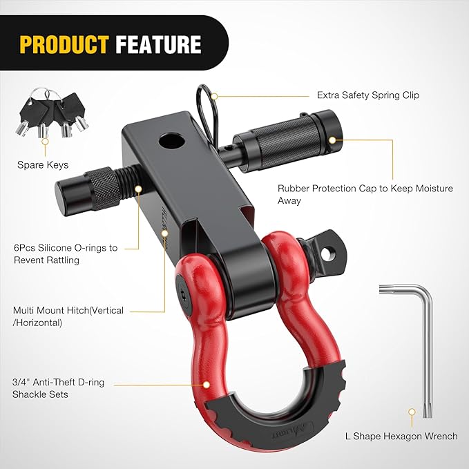 Nilight Anti-Theft Shackle Hitch Receiver 2Inch 45000 LBs Breaking Strength 3/4" Anti-Theft D Ring Shackle 5/8" Trailer Hitch Lock Pin Heavy Duty Solid Towing Kit for Trucks Off Road (Red&Black)
