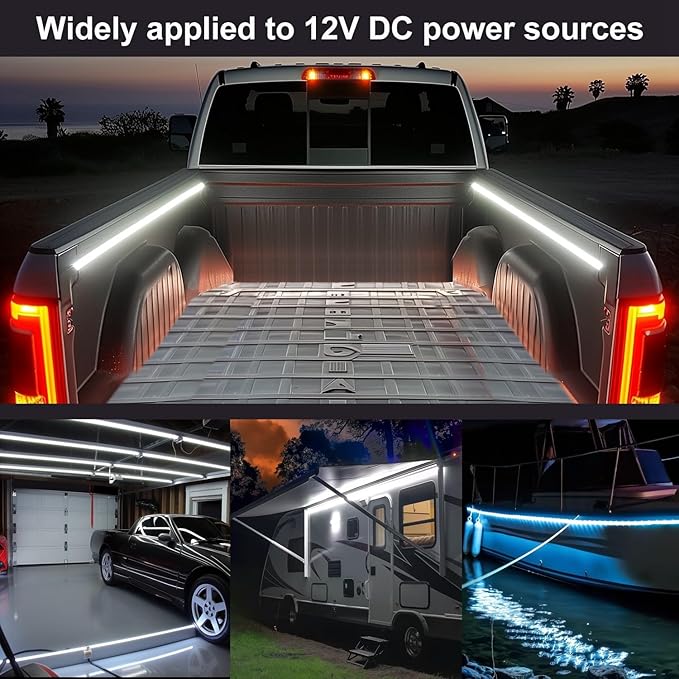 2Pcs 60Inch Truck Bed Lights, Waterproof 12V COB LED Lights Strip (6500K White Lighting) with Switch Blade Fuse Splitter, Cool Accessories for Pickup Truck Camper Van SUV RV Boat