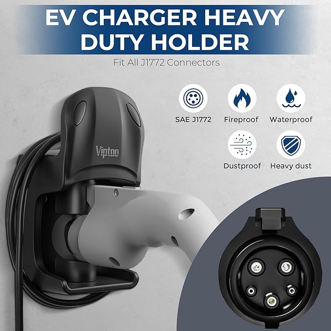 EV Charger Holder Wall Mount - SAE J1772 Holder with 5-Level Adjustable Rotation (0°-180°), EV Charger Control Holder & Cable Organizer for All J1772 EVS