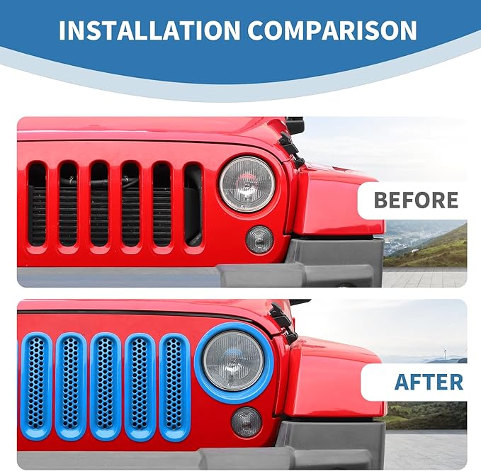 for Jeep JK Front Grille Inserts & Headlight Cover Trim Ring for Jeep Wrangler JK JKU 2007-2017 Light Blue Exterior Accessories 9pcs