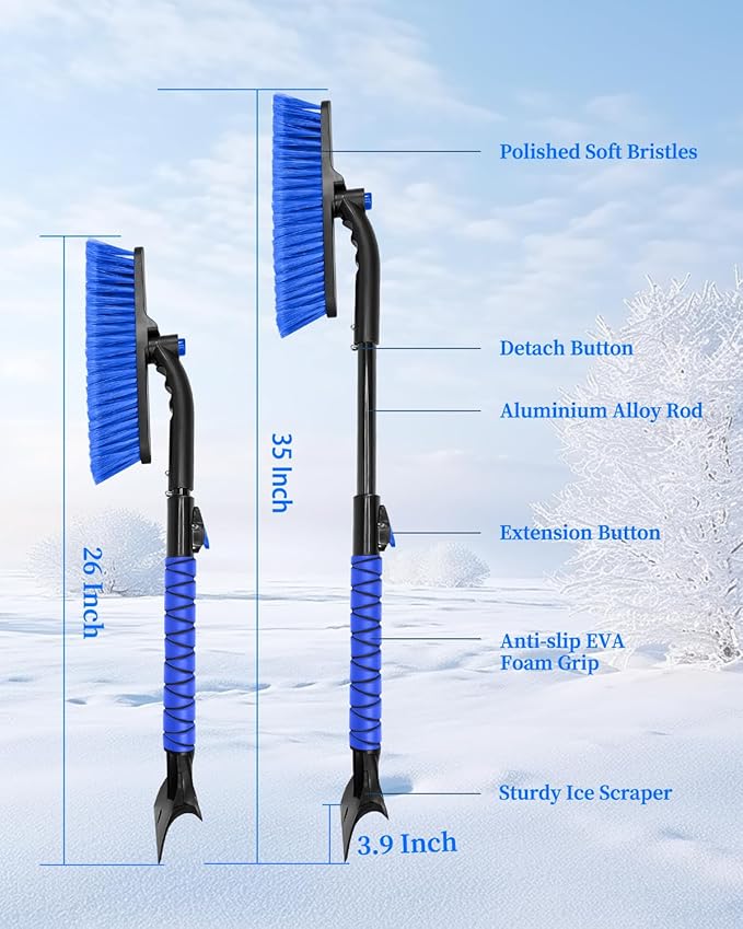 35'' Snow Brush and Ice Scraper for Car Windshield, Retractable Durable Aluminum Rod Foam Grip for Efficient Snow Frost Ice Removal Winter Tools for SUV Trucks Cars Window