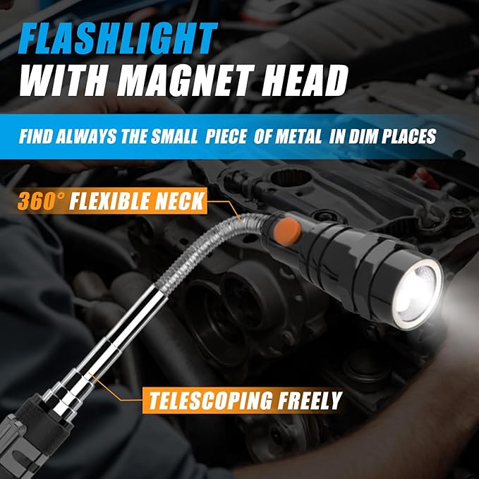 5 PCS Magnetic Pickup Tool Set, 1lb & 15lb Pick Up Rod, Magnetic Flashlight Pickup Tool, Round and Square 360 Swivel Adjustable Inspection Mirror, Fathers Day Dad Gifts, Birthday Gifts for Men, Him