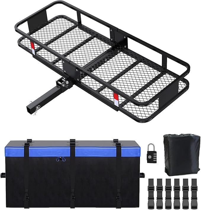 FORWODE 500 LBS Hitch Mount Cargo Carrier Basket, 60"x20"x6" Folding Hitch Cargo Carrier Rack + Waterproof Cargo Bag 16 Cubic Feet(58"x19"x24")