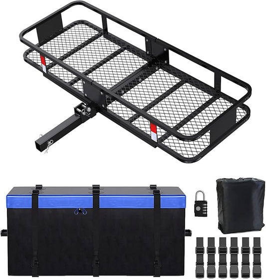 FORWODE 500 LBS Hitch Mount Cargo Carrier Basket, 60"x20"x6" Folding Hitch Cargo Carrier Rack + Waterproof Cargo Bag 16 Cubic Feet(58"x19"x24")