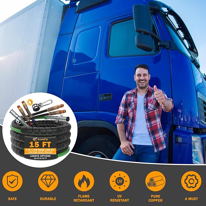 15 FT Semi Truck Air Lines Kit 3IN1 Trailer Cord and Air Brake Hoses Assembly without Rubber Gladhand Handles for Semi Truck Trailer Tractor
