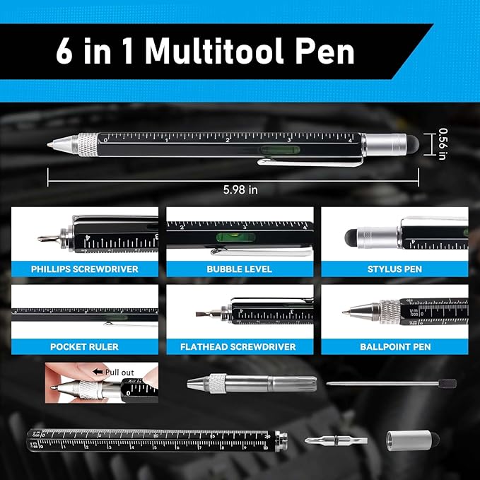 Magnet Pickup Tool with Telescoping Magnetic Flashlight and 6 in 1 Multitool Pen with Rulers, Bubble Level, Screwdrivers, Ballpoint, Christmas Stocking Stuffers for Men Adults, Birthday Gifts for Him