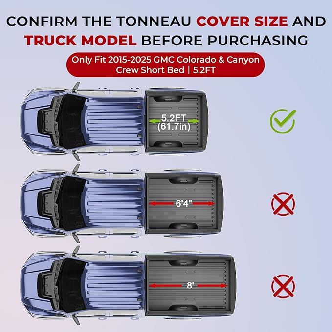 FPR Hard Tri Fold Truck Bed Cover Fits for 15-25 GMC/Chevy Canyon/Colorado Crew SHOR 5.2FT ShoR Bed Heavy-Duty Lock Hard Folding Drill-Free Tonneau Cover Waterproof Fiberglass Design