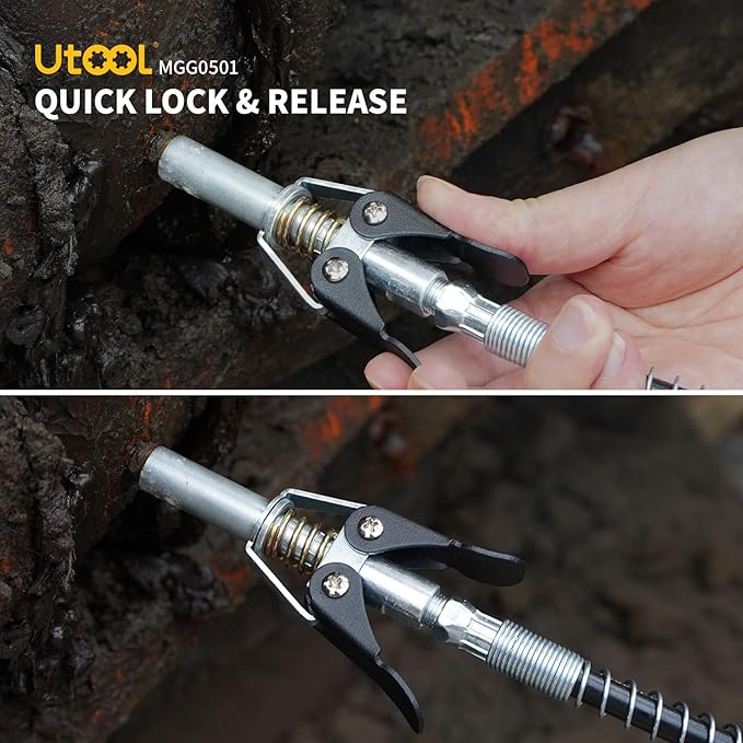 UTOOL Grease Gun, 8000 PSI Heavy Duty Pistol Grip Grease Gun Kit with 14 oz Capacity, 18 Inch Resin Flex Hose, 1 Patented Double Handle Coupler, 1 Basic Coupler