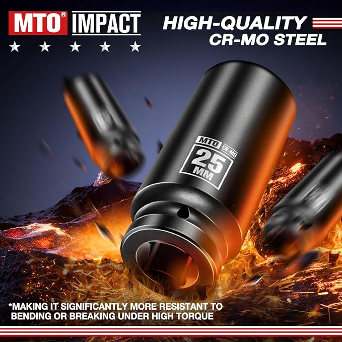 MTO 1/2" Drive 25mm Deep Impact Socket, 6 Pt. Metric Socket, CR-MO Steel & Anti-Corrosion Coating for Heavy-Duty Use