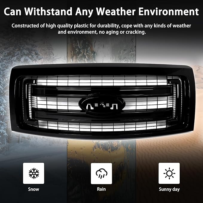 Front Bumper Grille Grill Fit For 2009-2014 Ford F150 F-150 XLT Style Front Hood Upper Grille Guard Cover Replacement For DL3Z8200DA/DL3Z8200CA (Glossy Black)