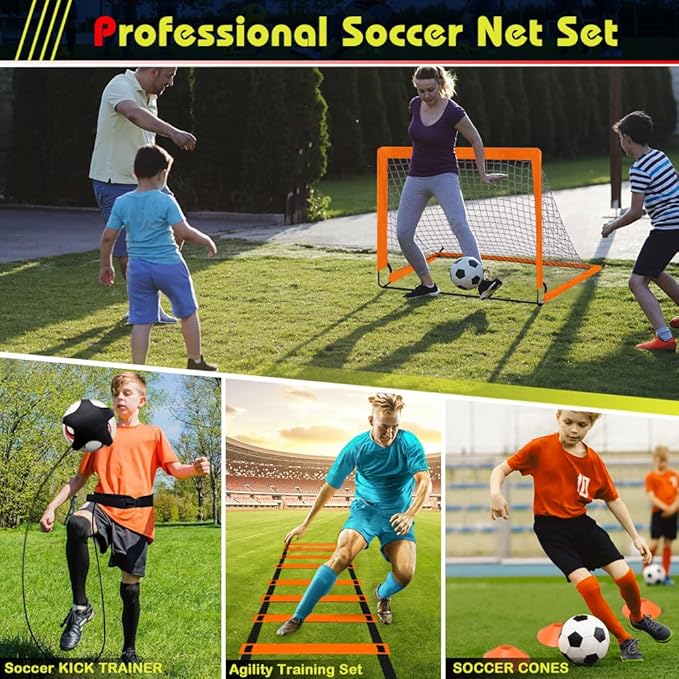 Kids Soccer Goals for Backyard Set, 2 Set of 4X3 ft Portable Toddler Pop Up Soccer Net Training Equipment with Soccer Ball, Agility Ladder and Cones for Outdoor Sports Games