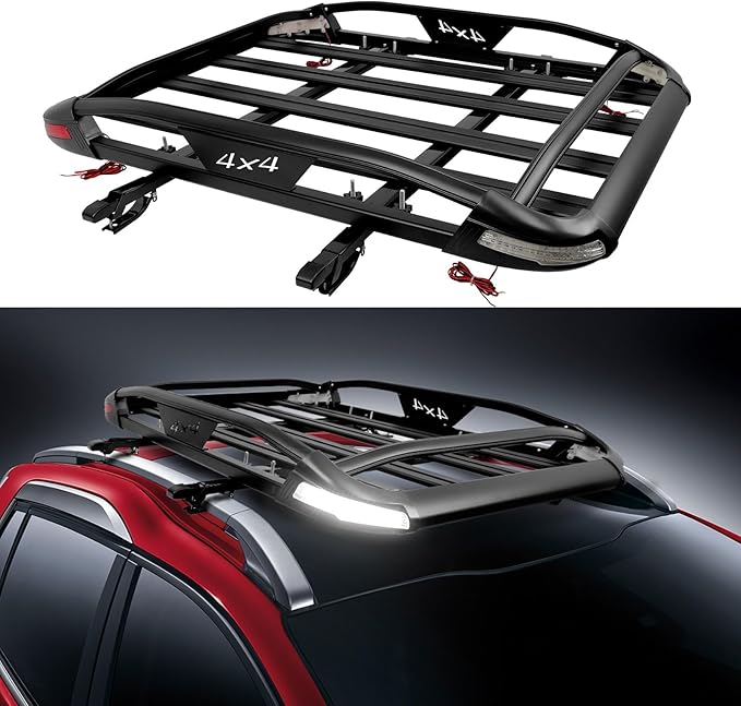 JMTBNO Roof Rack Cargo Carrier Basket with Brake Lights, 55 * 40inch Universal Rooftop Cargo Carrier with 2PCS Shark Clip Crossbars Double Layer Aluminum Car Top Luggage Holder for SUV Trucks Cars