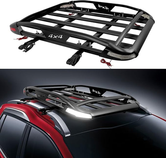 JMTBNO Roof Rack Cargo Carrier Basket with Brake Lights, 55 * 40inch Universal Rooftop Cargo Carrier with 2PCS Shark Clip Crossbars Double Layer Aluminum Car Top Luggage Holder for SUV Trucks Cars
