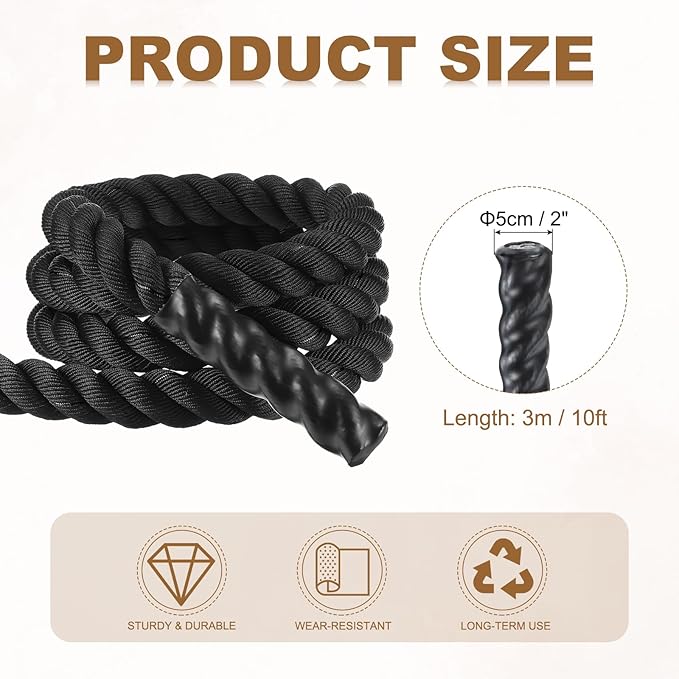 MECCANIXITY Battle Rope 10ft x 2 Inch Polyester Workout Rope Heavy Fitness Exercise Rope for Strength Training Home Gym Muscle Building, Black