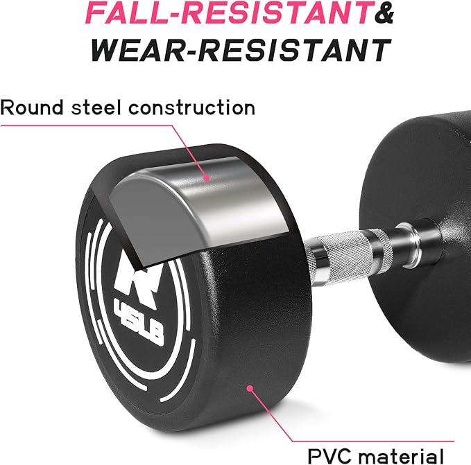 RitFit 5-250 LBS PVC Encased Round Dumbbell sets with Knurled Handle and Optional Rack, Strength Training Equipment for Home Gym