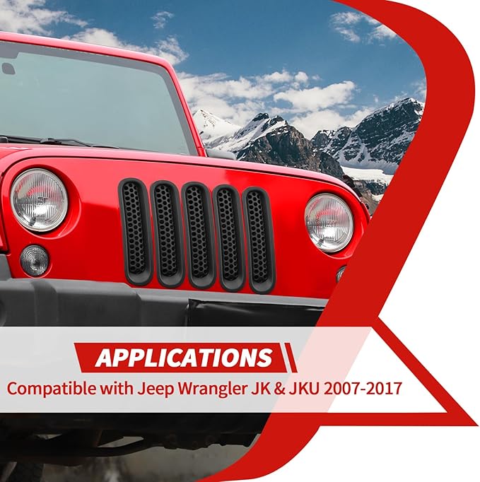 Front Grille Mesh Inserts fit for Jeep Wrangler JK & JKU 2007-2017 Black Grill Mesh Front Grille Guard Clip-on Trim Covers Exterior Accessories