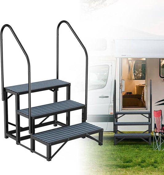 Rv Steps with Handrail 3 Step,Hot Tub Steps with Anti-Slip Mats,Heavy Duty Metal Mobile Home Stairs,Camper Steps for Travel Trailer,Portable Step Ladder for Spa,Pool and Porch