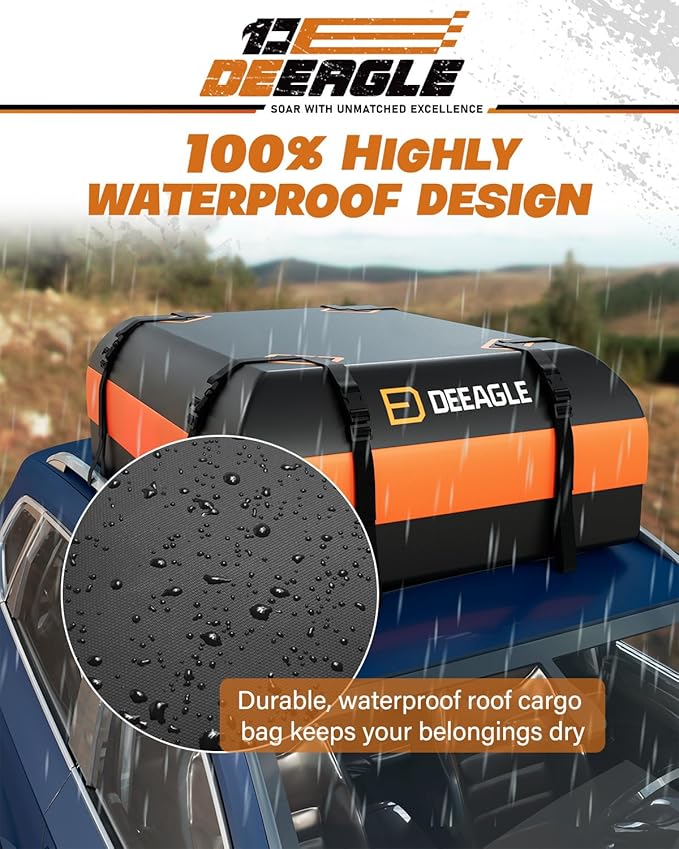 DEEAGLE Rooftop Cargo Carrier 15 Cubic Feet – Car Roof Cargo Bag for Vehicles Without Roof Rack – Waterproof Soft Car Top Carrier with Non-Slip Mat, 4 Door Hooks & 8 Reinforced Straps