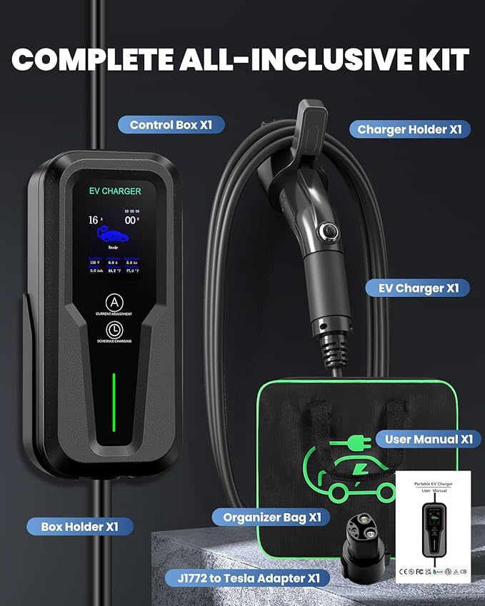 Level 2 EV Charger, 16A Electric Car Charger | UL 2594, UL 2251 | Tesla Adapter | Adjustable Current | Reservation Charging | 240V 3.8KW | NEMA 6-20 | for All Tesla Models ＆ J1772 Vehicles