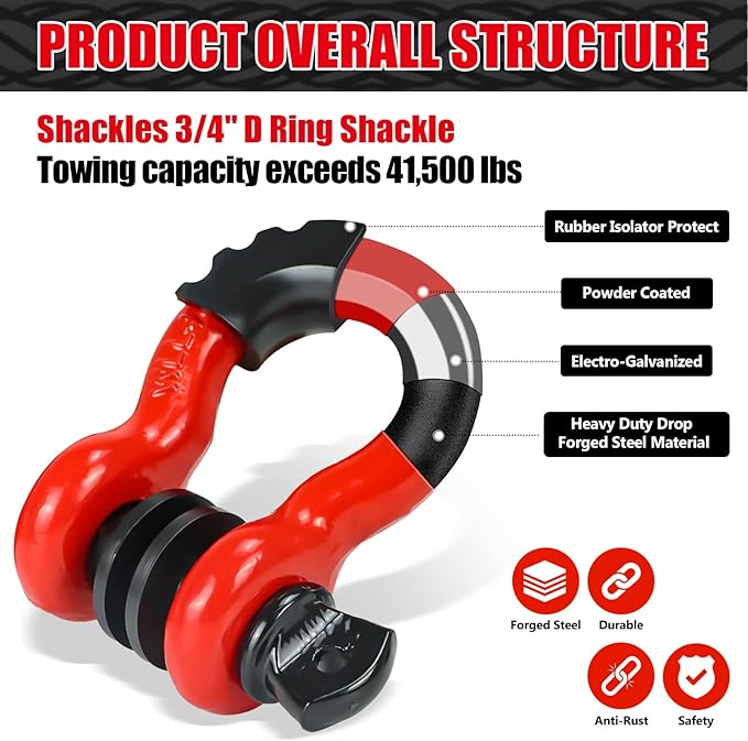 1" x 30' Kinetic Recovery Rope 56,000lbs with 2 D-Ring Shackles, Heavy Duty Offroad Recovery Kit, Nylon Kinetic Tow Ropes for Trucks, Pickup, Tractor, SUV, UTV, ATV, RV, Black