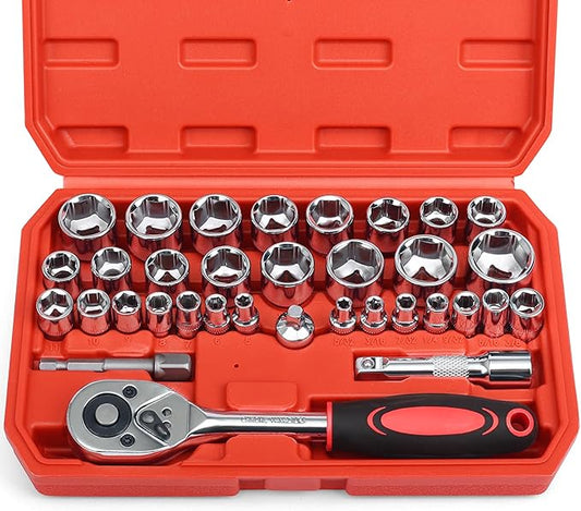 Egofine 34 Pieces 3/8 inch Drive Socket Ratchet Wrench Set, with Socket Set Metric/SAE and Extension Bar for Auto Repairing and Household, with Storage Case