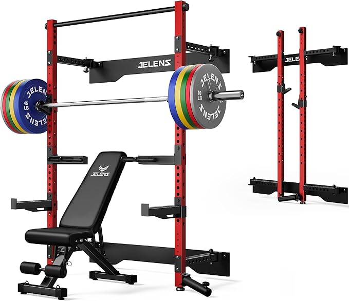 Folding Squat Rack, Wall Mounted Power Rack for Home Gym, Space Saving Multi-Functional Power Cage with Attachments