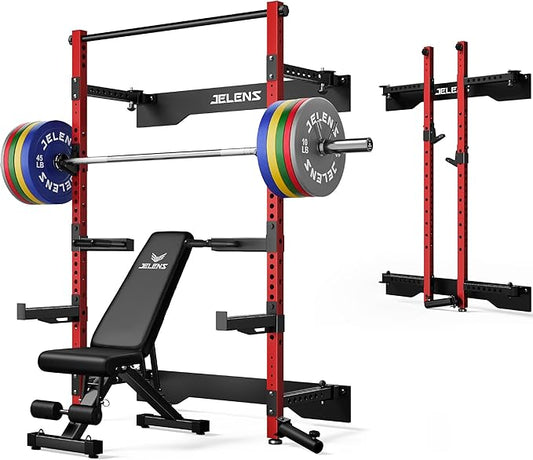 Folding Squat Rack, Wall Mounted Power Rack for Home Gym, Space Saving Multi-Functional Power Cage with Attachments