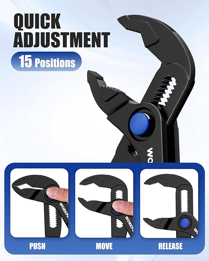 WORKPRO Mini Water Pump Pliers, 4-Inch Groove Joint Pliers, Fast Adjustable Tongue and Groove Pliers with 15-Position Push-Lock, V-Jaw for Multi-Surface Grip, Ideal for Tight Spaces and Versatile Use