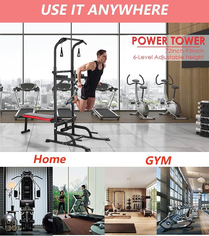 TLSUNNY Power Tower with Bench, Pull Up Bar Dip Station, Power Tower Dip Station, Training Workout Equipment, Height Adjustable Pull Up Tower w/Folding Bench 4 Ropes, Strength Training, Home Gym