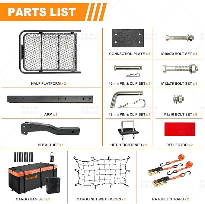 500LBS Folding Hitch Mount Cargo Carrier Basket 60x20x6” with 58x24x19 Waterproof Bag Rear Luggage Rack Basket, Hitch Mount for 2" Receivers, Powder Coating, Heavy Duty, Durable, Easy Assembly