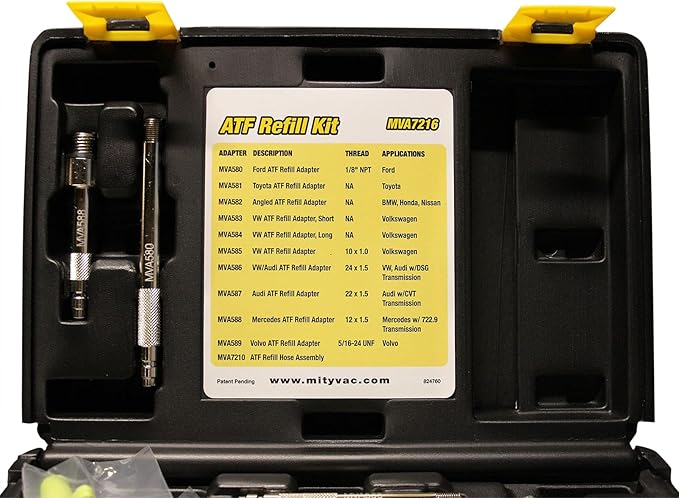 Mityvac MVA7216A ATF Refill Accessory and Adapter Kit, Converts MV7201 Fluid Extractor, Integrated Brass Ball Valve, Quick-Change Coupler, Includes 13 Foreign and Domestic Transmission Adapters