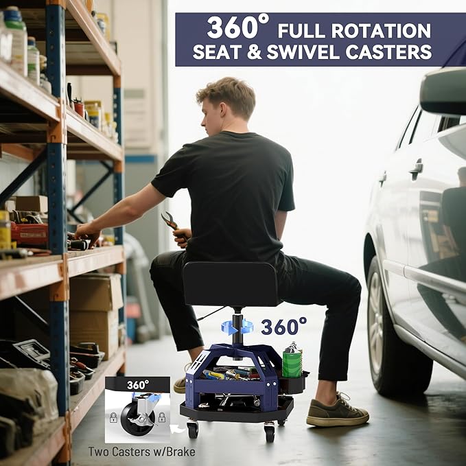 HOMCOM Rolling Mechanic Stool, 300 LBS Capacity Pneumatic Creeper Garage Stool with 360° Wheels, Backrest, Heavy Duty Roller Seat Padded Shop Chair with Tool Tray Storage, Adjustable Height (Blue)