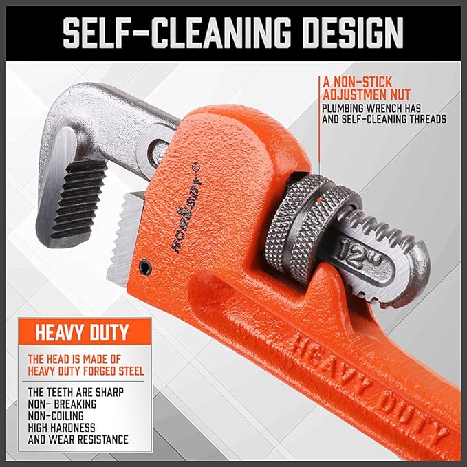 HORUSDY 4 Pack Heavy Duty Pipe Wrench Set, Adjustable 8" 10" 12" 14" Soft Grip Plumbing Wrench Set with Storage Bag