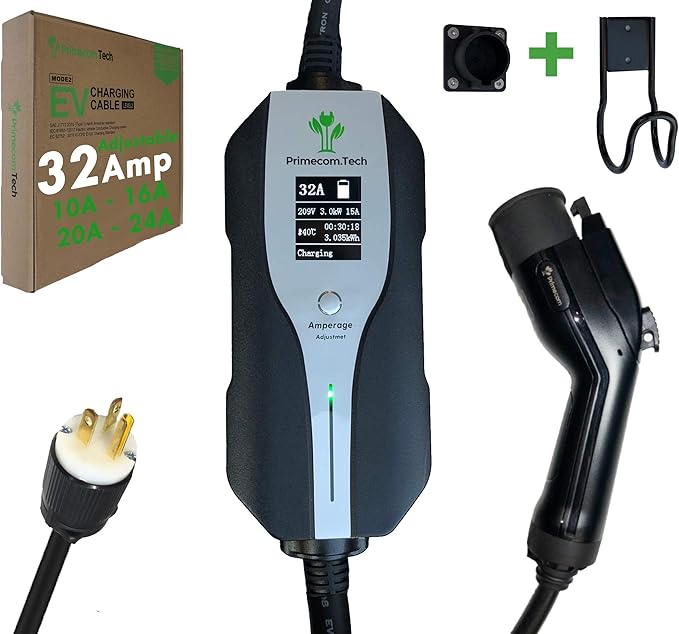Primecom.Tech Level 2 Electric Vehicle (EV) Charger Amperage Adjustable (10Amp - 16Amp - 20Amp - 24Amp - 32Amp) 30Ft Cable EVSE Plug-in Hybrid (30 FT, 6-20P)