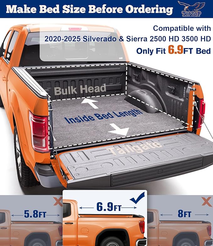 TIPTOP Tri-Fold Hard Tonneau Cover Truck Bed FRP On Top for 2020-2025 Silverado/Sierra 2500 3500 HD New Body Style 6.9ft Bed (82.2") |Not for CarbonPro Bed| TPM3 |