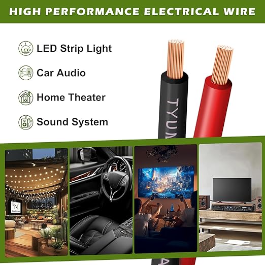 10 Gauge Wire 25FT, 10AWG Red Black Electrical Wire LED Strips Extension Cord 12V/24V DC Cable, 10 AWG 2 Conductors Flexible Low Voltage Wire for in-Home, Autos, Speaker use