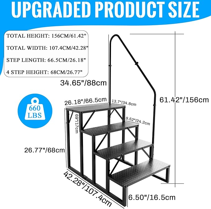 RV Stairs 4 Step Ladder, RV Steps Anti-Slip, Hot Tub Steps with Handrail, 660 lbs RV Ladder for 5th Wheel RV, Mobile Home Stairs