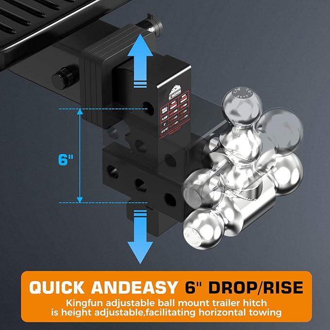 Kingfun Adjustable Trailer Hitch - Drop Hitch 2.5 Inch Receiver, 6 Inch Drop/Rise Tow Hitch, Tri Ball (1-7/8" & 2" & 2-5/16" Balls), 18500 Lbs Gtw, Aluminum Heavy Duty Hitch with Anti-Theft Pins